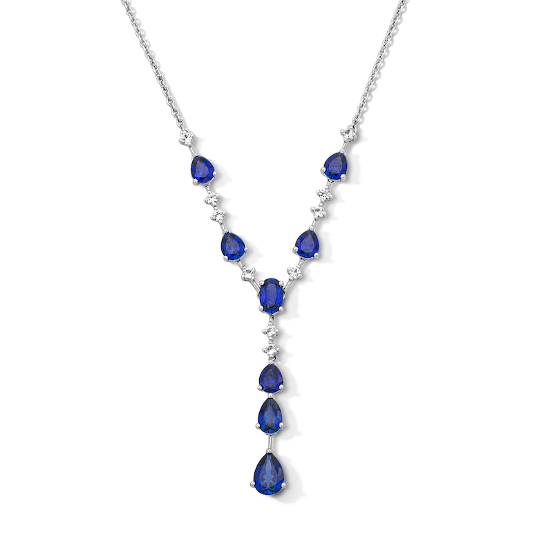 Main Image 1 of Oval and Pear-Shaped Blue Lab-Created Sapphire and White Lab-Created Sapphire “Y” Necklace in Sterling Silver - 17"