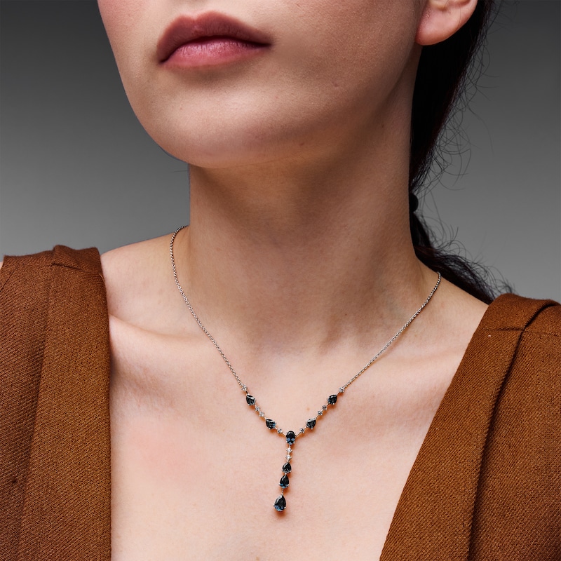 Main Image 2 of Oval and Pear-Shaped Blue Lab-Created Sapphire and White Lab-Created Sapphire “Y” Necklace in Sterling Silver - 17"