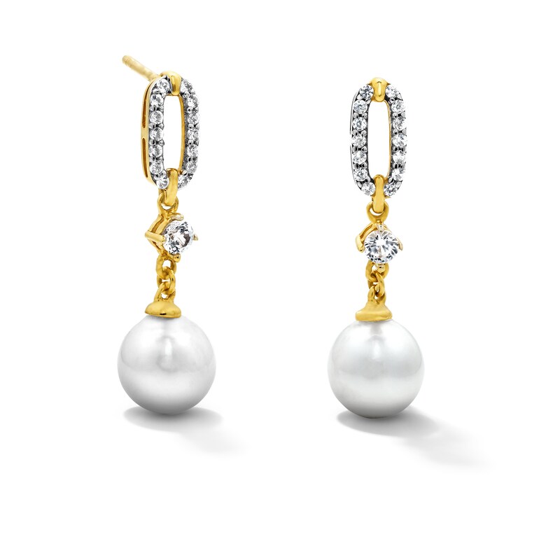 Main Image 1 of 6.0mm Freshwater Cultured Pearl and White Lab-Created Sapphire Drop Earrings in Sterling Silver with 14K Gold Plate