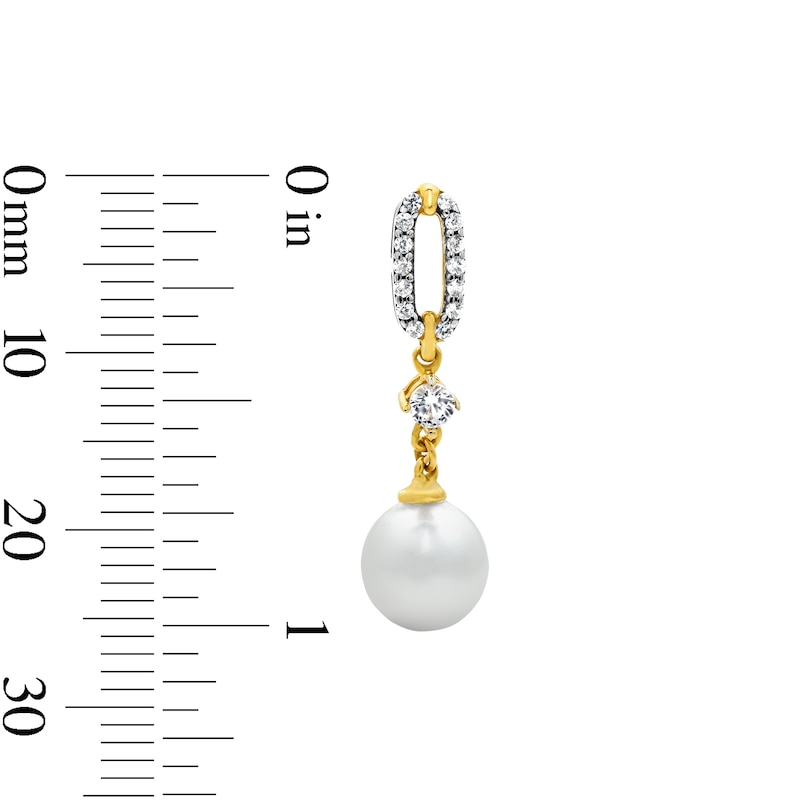 Main Image 3 of 6.0mm Freshwater Cultured Pearl and White Lab-Created Sapphire Drop Earrings in Sterling Silver with 14K Gold Plate