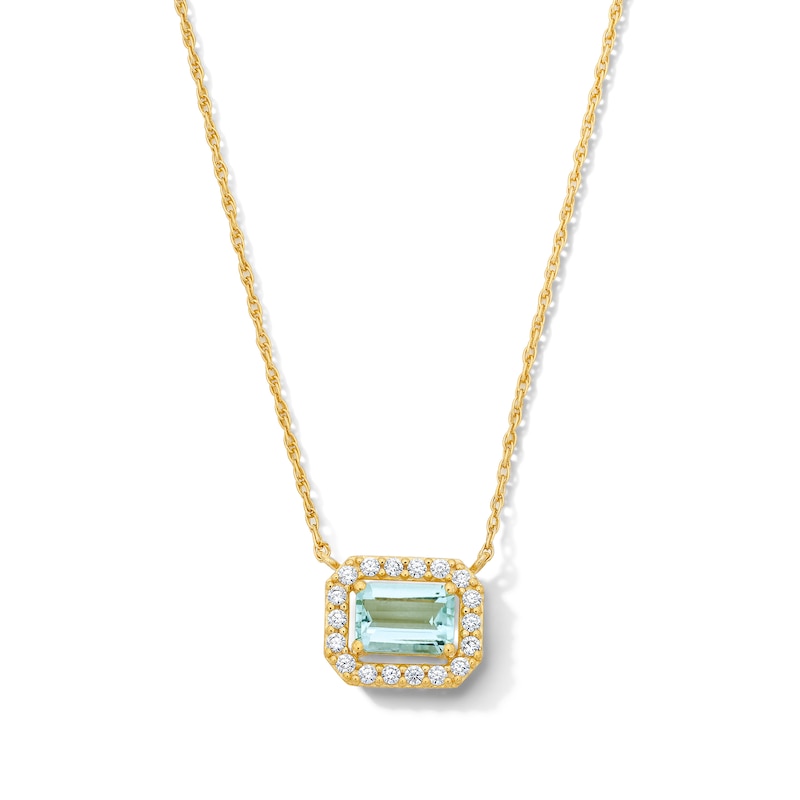 Main Image 1 of Emerald-Cut Aquamarine and White Lab-Created Sapphire Necklace in Sterling Silver with 14K Gold Plate