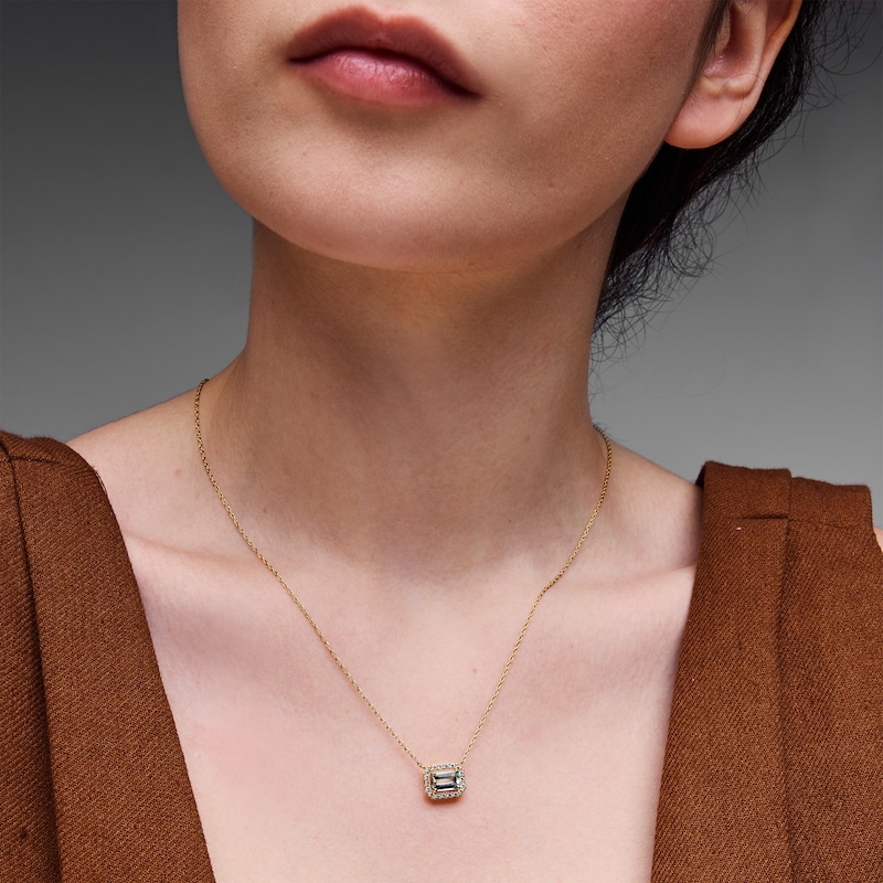 Main Image 2 of Emerald-Cut Aquamarine and White Lab-Created Sapphire Necklace in Sterling Silver with 14K Gold Plate