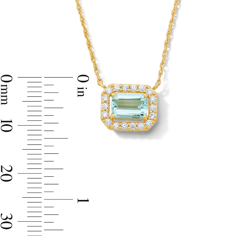Main Image 3 of Emerald-Cut Aquamarine and White Lab-Created Sapphire Necklace in Sterling Silver with 14K Gold Plate