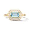 Thumbnail Image 1 of Emerald-Cut Aquamarine and White Lab-Created Sapphire Frame Ring in Sterling Silver with 14K Gold Plate