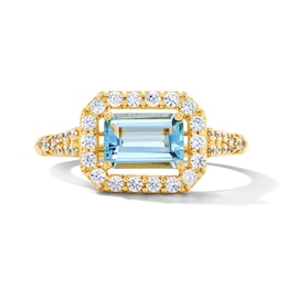 Emerald-Cut Aquamarine and White Lab-Created Sapphire Frame Ring in Sterling Silver with 14K Gold Plate