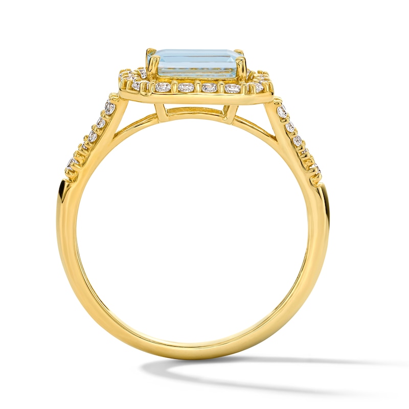 Main Image 3 of Emerald-Cut Aquamarine and White Lab-Created Sapphire Frame Ring in Sterling Silver with 14K Gold Plate