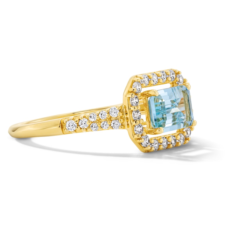 Main Image 4 of Emerald-Cut Aquamarine and White Lab-Created Sapphire Frame Ring in Sterling Silver with 14K Gold Plate