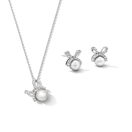 6.0–7.0mm Freshwater Cultured Pearl and White Lab-Created Sapphire Bow Pendant and Stud Earrings Set in Sterling Silver
