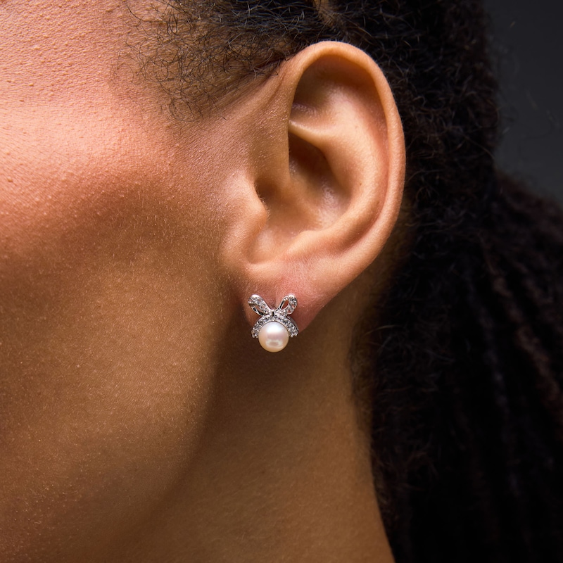 Main Image 3 of 6.0–7.0mm Freshwater Cultured Pearl and White Lab-Created Sapphire Bow Pendant and Stud Earrings Set in Sterling Silver
