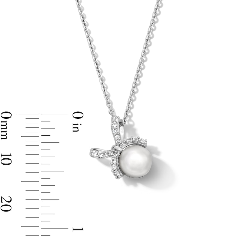 Main Image 4 of 6.0–7.0mm Freshwater Cultured Pearl and White Lab-Created Sapphire Bow Pendant and Stud Earrings Set in Sterling Silver