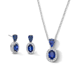 Oval Blue Lab-Created Sapphire and White Lab-Created Sapphire Pendant and Drop Earrings Set in Sterling Silver
