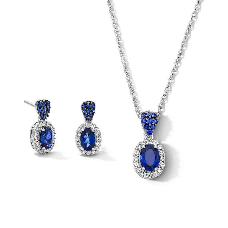 Main Image 1 of Oval Blue Lab-Created Sapphire and White Lab-Created Sapphire Pendant and Drop Earrings Set in Sterling Silver