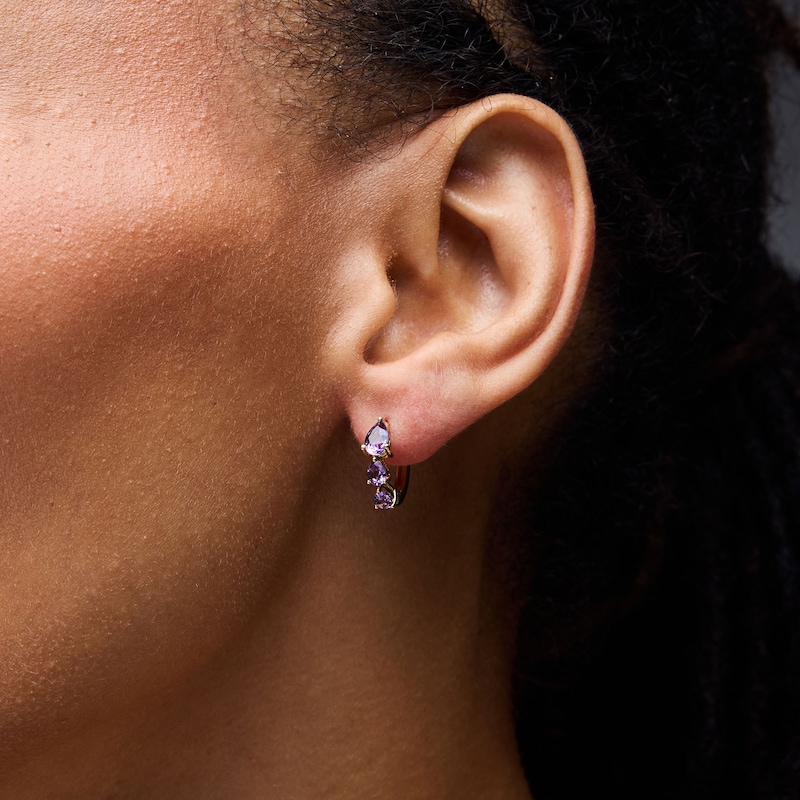 Main Image 2 of Pear-Shaped Amethyst Huggie Hoop Earrings in Sterling Silver with 14K Gold Plate