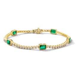 Emerald-Cut Lab-Created Emerald and White Lab-Created Sapphire Link Bracelet in Sterling Silver with 14K Gold Plate