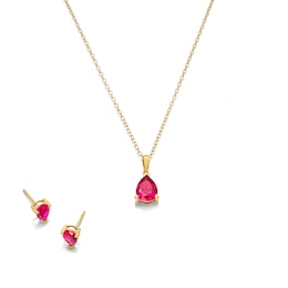 Pear-Shaped Lab-Created Ruby Solitaire Pendant and Stud Earrings Set in Sterling Silver with 18K Gold Plate