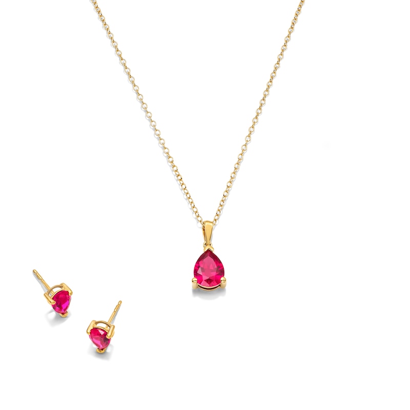 Main Image 1 of Pear-Shaped Lab-Created Ruby Solitaire Pendant and Stud Earrings Set in Sterling Silver with 18K Gold Plate