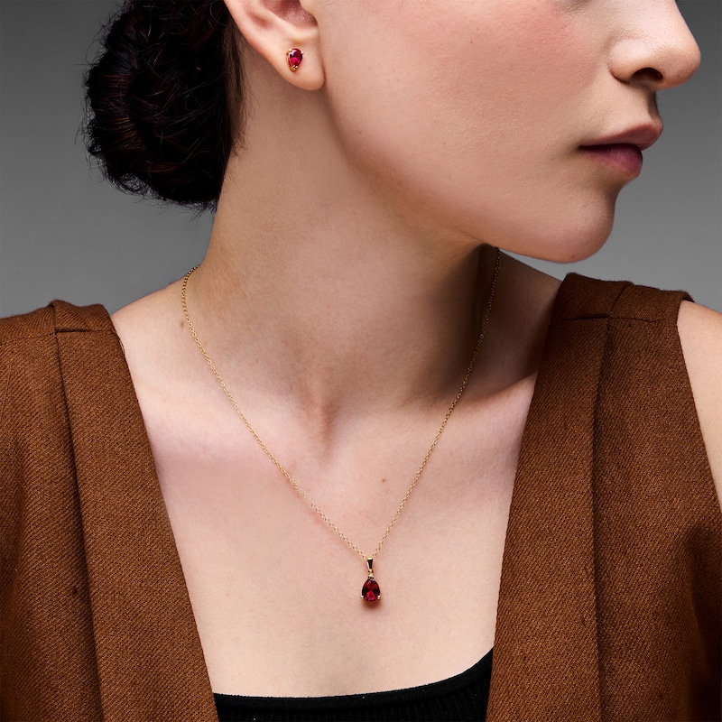 Main Image 2 of Pear-Shaped Lab-Created Ruby Solitaire Pendant and Stud Earrings Set in Sterling Silver with 18K Gold Plate
