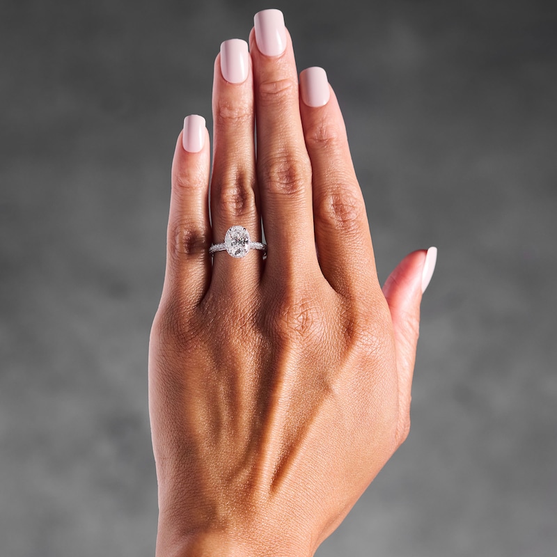 Main Image 2 of 3 CT. T.W. Oval Certified Lab-Grown Diamond Stepped Frame Engagement  Ring in 14K White Gold (F/VS2)