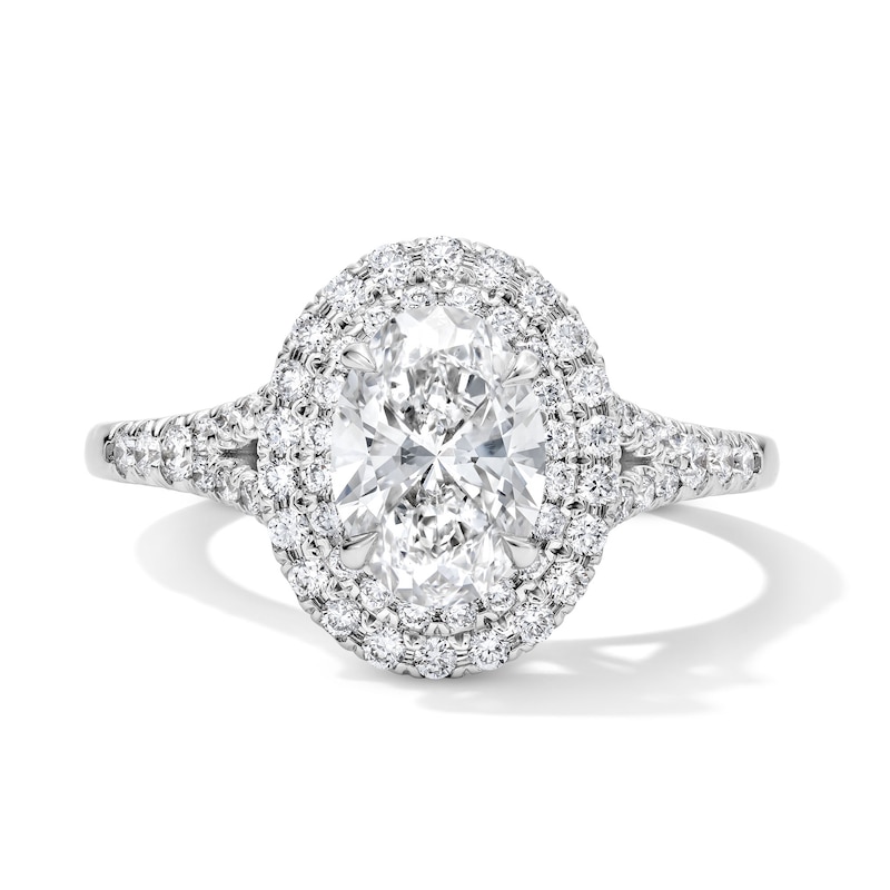 Main Image 1 of 1-1/2 CT. T.W. Oval Certified Lab-Grown Diamond Frame Engagement Ring in 14K White Gold (F/VS2)
