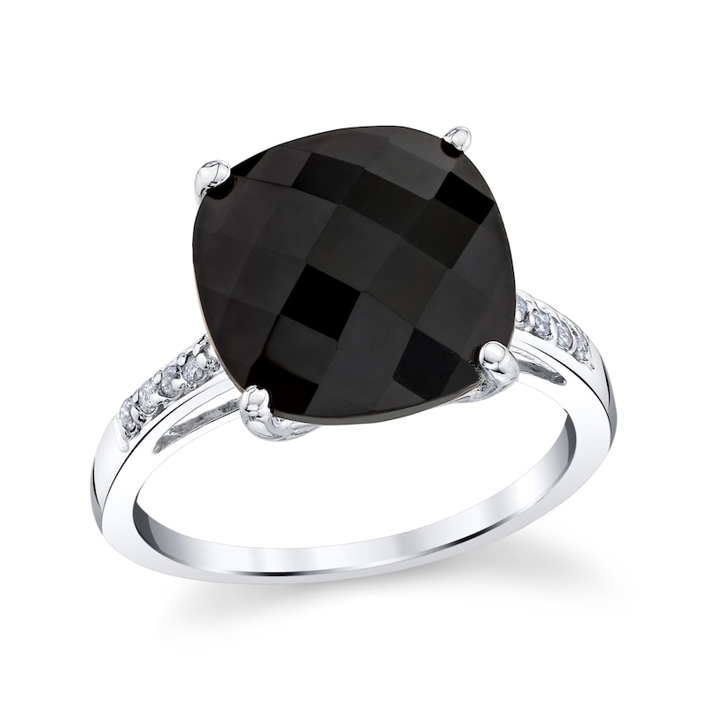 Main Image 1 of Cushion-Cut Black Onyx and 1/15 CT. T.W. Diamond Fashion Ring in Sterling Silver