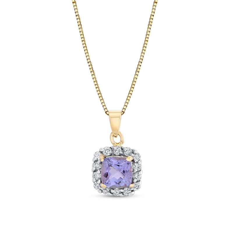 Main Image 1 of Cushion-Cut Tanzanite and 1/4 CT. T.W. Diamond Frame Pendant in 14K Gold