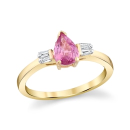 Pear-Shaped Pink Sapphire and 1/8 CT. T.W. Baguette-Cut Diamond Fashion Ring in 14K Gold