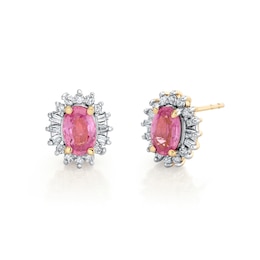 Oval Pink Sapphire and 1/4 CT. T.W. Diamond Starburst Frame Stud Earrings in 10K Gold