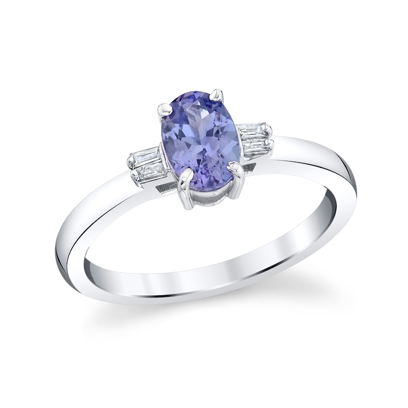 Main Image 1 of Oval Tanzanite and 1/20 CT. T.W. Baguette-Cut Diamond Fashion Ring in 10K White Gold