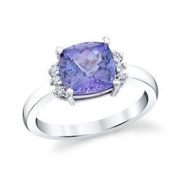 Cushion-Cut Tanzanite and 1/10 CT. T.W. Diamond Fashion Ring in 10K White Gold