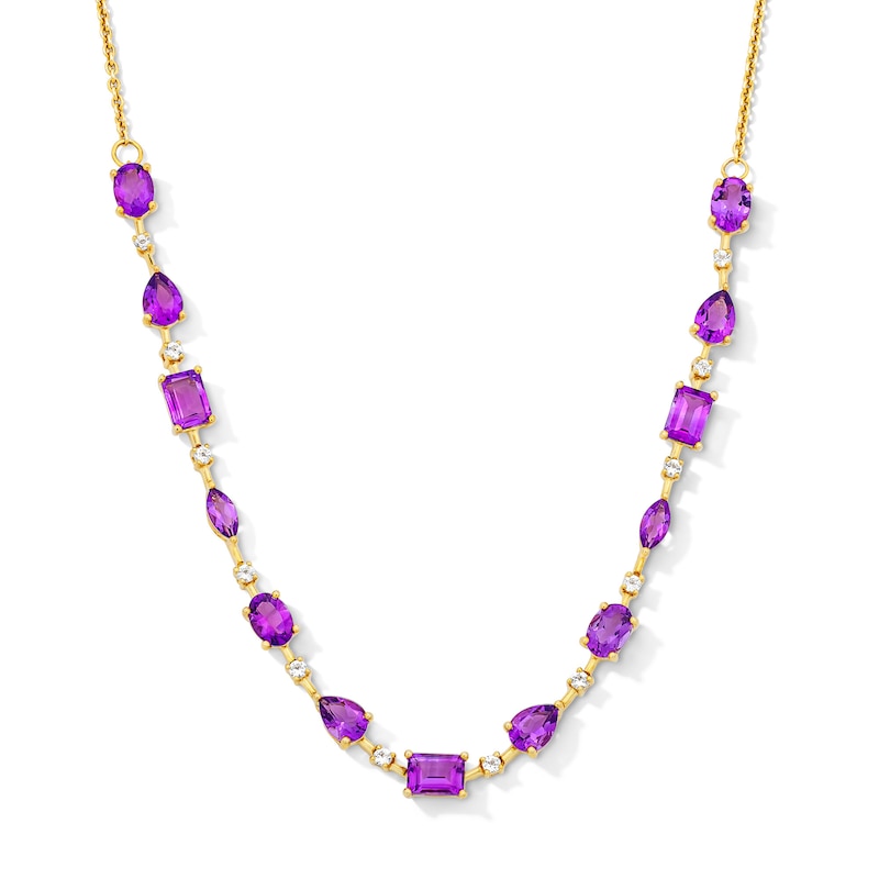 Main Image 1 of Multi-Shape Amethyst, Pink Quartz and White Lab-Created Sapphire Necklace in Sterling Silver with 14K Gold Plate - 20"