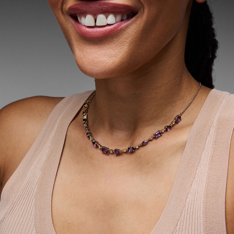 Main Image 2 of Multi-Shape Amethyst, Pink Quartz and White Lab-Created Sapphire Necklace in Sterling Silver with 14K Gold Plate - 20"