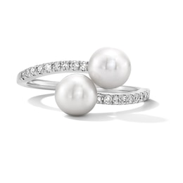 6.0-6.5mm Freshwater Cultured Pearl and 1/6 CT. T.W. Diamond Bypass Ring in Sterling Silver