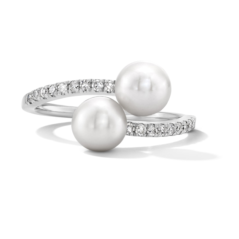 Main Image 1 of 6.0-6.5mm Freshwater Cultured Pearl and 1/6 CT. T.W. Diamond Bypass Ring in Sterling Silver