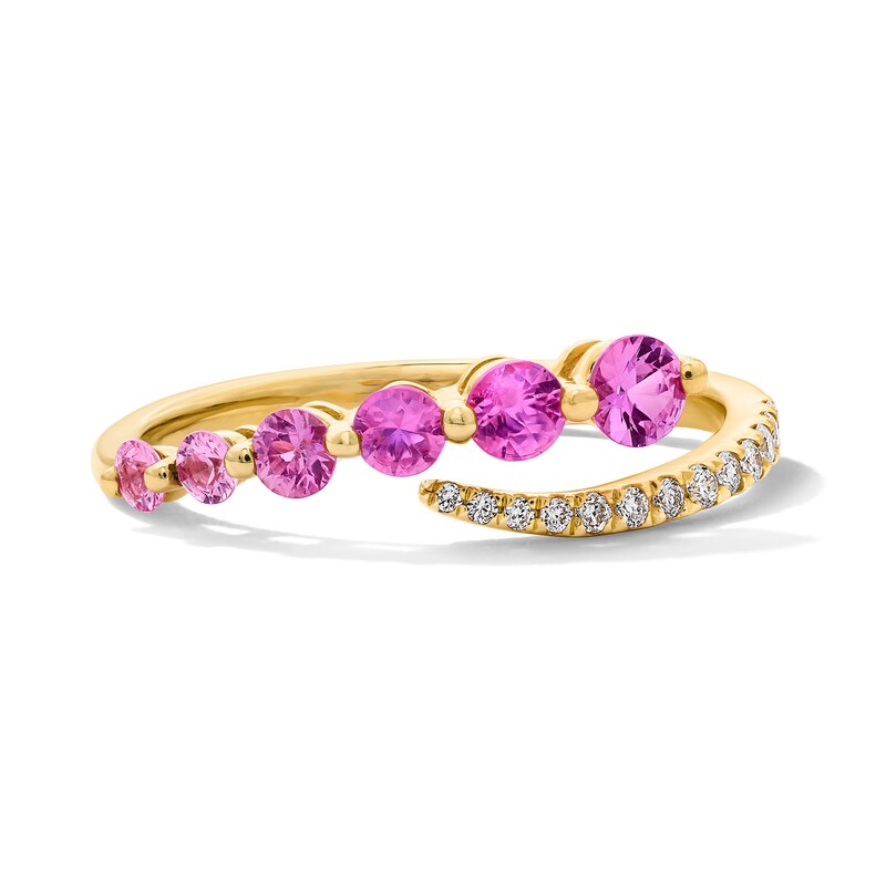 Main Image 1 of Pink Lab-Created Sapphire and 1/10 CT. T.W. Diamond Journey Bypass Ring in Sterling Silver with 14K Gold Plate