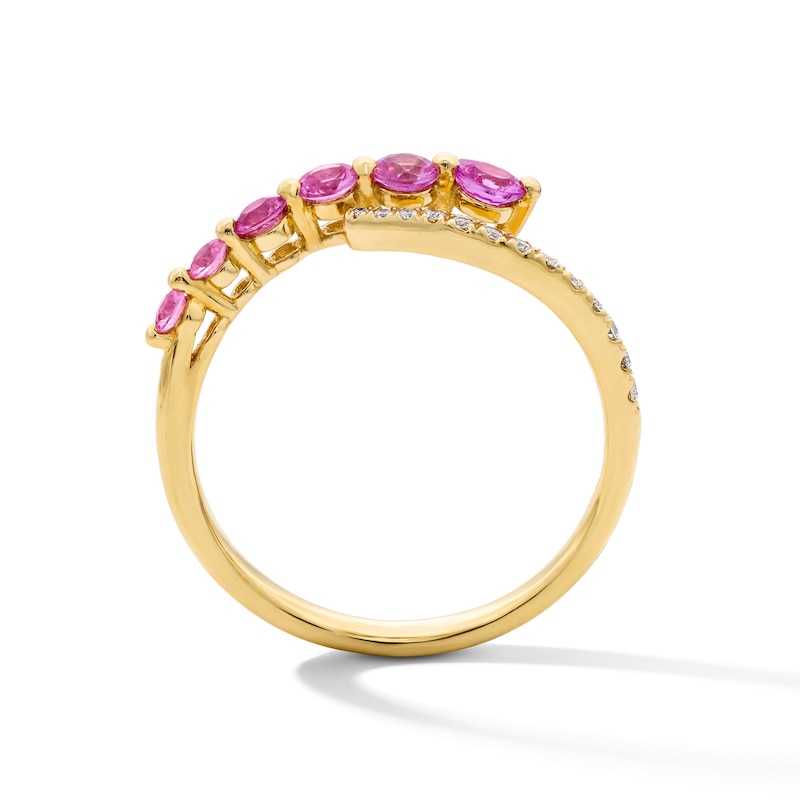 Main Image 3 of Pink Lab-Created Sapphire and 1/10 CT. T.W. Diamond Journey Bypass Ring in Sterling Silver with 14K Gold Plate