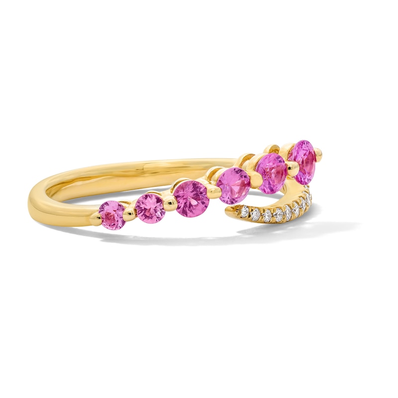 Main Image 4 of Pink Lab-Created Sapphire and 1/10 CT. T.W. Diamond Journey Bypass Ring in Sterling Silver with 14K Gold Plate
