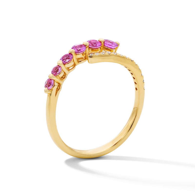 Main Image 5 of Pink Lab-Created Sapphire and 1/10 CT. T.W. Diamond Journey Bypass Ring in Sterling Silver with 14K Gold Plate