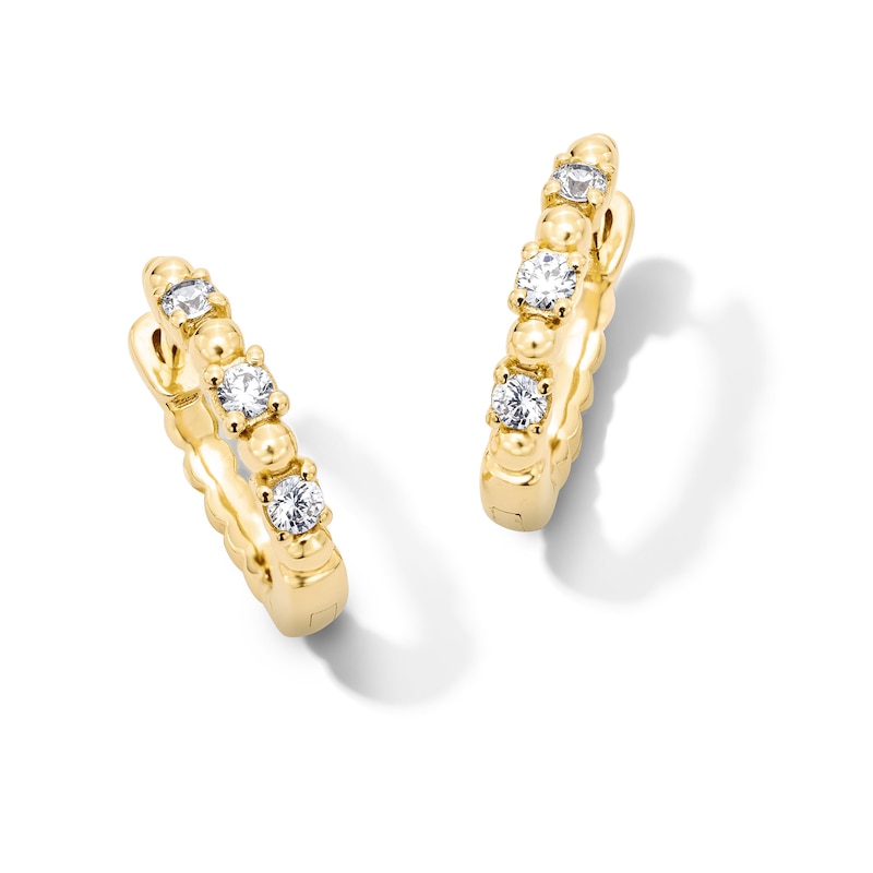 Main Image 1 of 1/5 CT. T.W. Lab-Grown Diamond Three-Stone Beaded Huggie Hoop Earrings in Sterling Silver with 10K Gold Plate (F/VS2)
