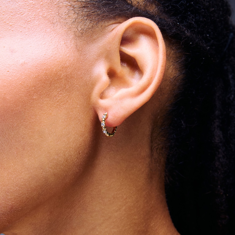 Main Image 2 of 1/5 CT. T.W. Lab-Grown Diamond Three-Stone Beaded Huggie Hoop Earrings in Sterling Silver with 10K Gold Plate (F/VS2)