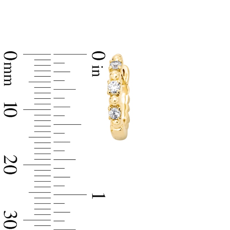 Main Image 2 of 1/5 CT. T.W. Lab-Grown Diamond Three-Stone Beaded Huggie Hoop Earrings in Sterling Silver with 10K Gold Plate (F/VS2)