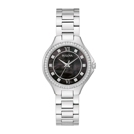 Ladies' Bulova Watch with Black Mother of Pearl Dial and Crystal Bezel (Model: 96L300)