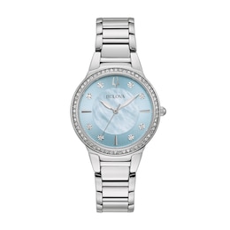 Ladies' Bulova Watch with Blue Mother-of-Pearl Dial and Crystal Bezel (Model: 96L288)