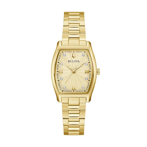 Ladies' Bulova Tank Gold-Tone IP Watch with Diamond Accents and Champagne Dial (Model: 97P160)