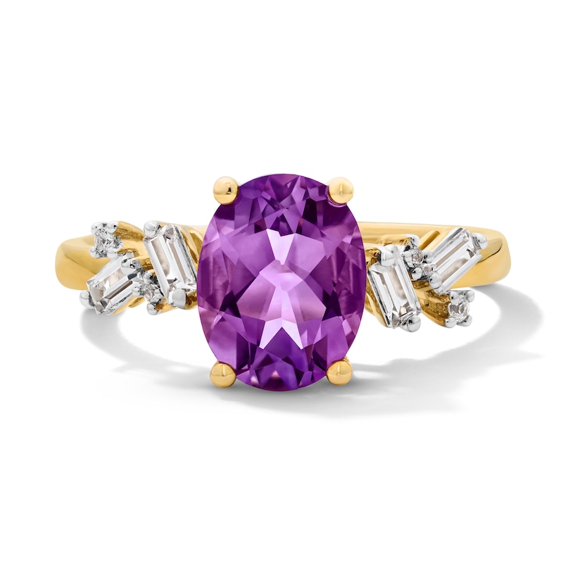 Main Image 1 of Oval Amethyst and White Lab-Created Sapphire Ring in Sterling Silver with 14K Gold Plate
