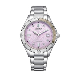 Ladies' Citizen Eco-Drive® Weekender Watch with Pink Dial and White Crystal Accents (Model: FE6170-88X)
