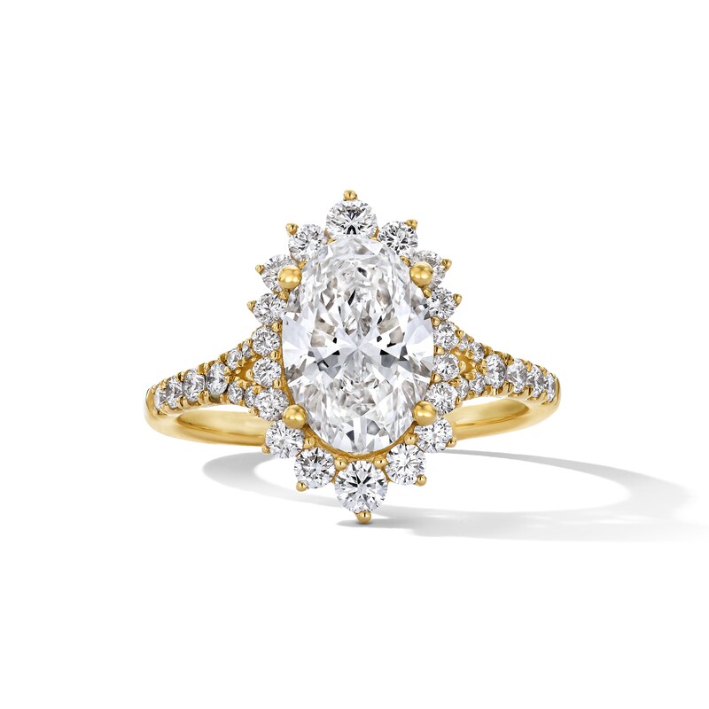 Main Image 1 of 2-5/8 CT. T.W. Oval Certified Lab-Grown Diamond Sunburst Frame Engagement Ring in 14K Gold (F/VS2)