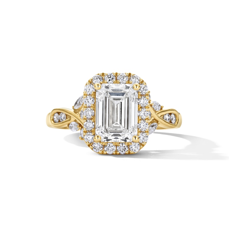 Main Image 1 of 2-1/2 CT. T.W. Emerald-Cut Certified Lab-Grown Diamond Frame Engagement Ring in 14K Gold (F/VS2)