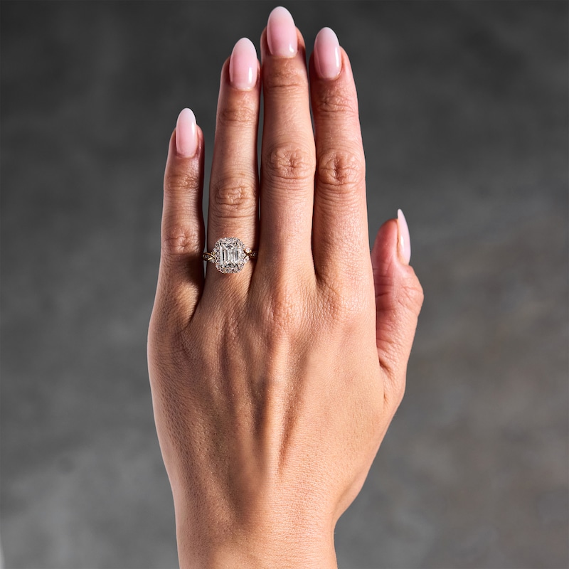 Main Image 2 of 2-1/2 CT. T.W. Emerald-Cut Certified Lab-Grown Diamond Frame Engagement Ring in 14K Gold (F/VS2)