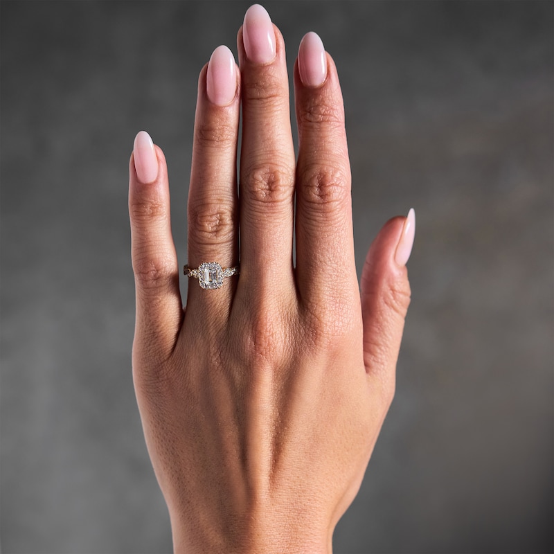 Main Image 2 of 1 CT. T.W. Emerald-Cut Certified Lab-Grown Diamond Frame Engagement Ring in 14K Gold (F/VS2)