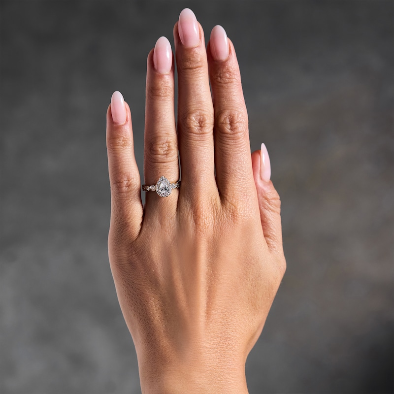 Main Image 2 of 1 CT. T.W. Pear-Shaped Certified Lab-Grown Diamond Frame Engagement Ring in 14K Gold (F/VS2)